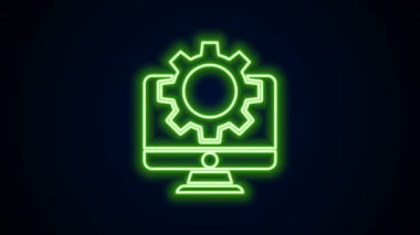 Parlayan neon hattı bilgisayar monitörü ve dişli simgesi siyah arkaplanda izole edildi. Ayarlama, servis, ayar, bakım, onarım, onarım. 4K Video hareketli grafik canlandırması