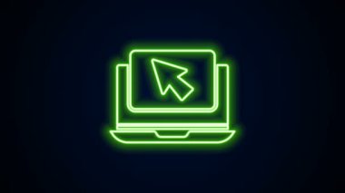 Parlayan neon hattı dizüstü bilgisayar ve imleç simgesi siyah arkaplanda izole edildi. Boş ekran işaretli bilgisayar defteri. 4K Video hareketli grafik canlandırması