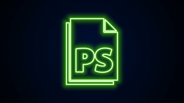 Сяючий неоновий рядок піктограми документа PS File ізольовано на чорному тлі. 4K Відео рух графічна анімація — стокове відео