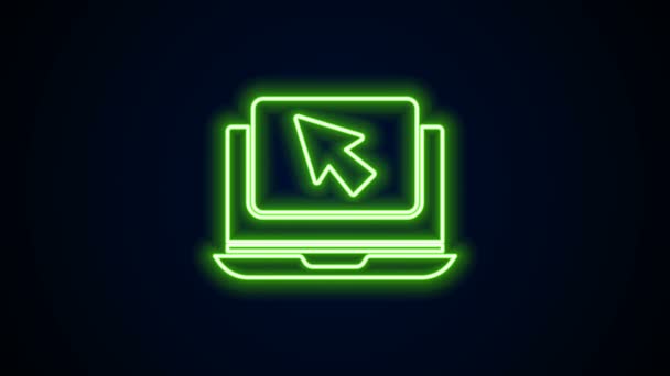Zářící neonová čára Laptop a ikona kurzoru izolované na černém pozadí. Počítačový sešit s prázdnou tabulkou. Grafická animace pohybu videa 4K — Stock video