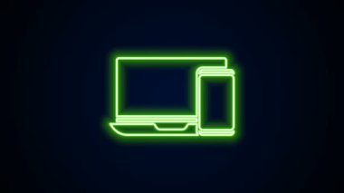 Parlayan neon hattı bilgisayar monitörü ve cep telefonu simgesi siyah arkaplanda izole edildi. İnternetten kazanç, pazarlama. 4K Video hareketli grafik canlandırması
