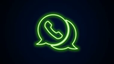 Siyah arkaplanda izole edilmiş parlayan neon hattı konuşma balonu sohbet ikonu ile telefon. Müşteri hizmetlerini, yardım hattını, çağrı merkezini, faq 'ı destekleyin. 4K Video hareketli grafik canlandırması