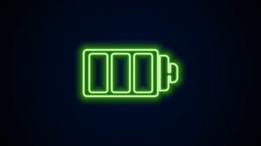 Parlayan neon hattı Batarya şarj seviyesi göstergesi simgesi siyah arkaplanda izole edildi. 4K Video hareketli grafik canlandırması