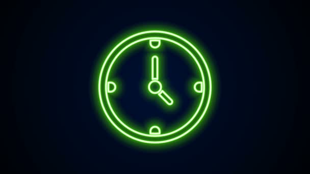 发光的霓虹灯线时钟图标孤立在黑色背景.时间的象征。4K视频运动图形动画 — 图库视频影像
