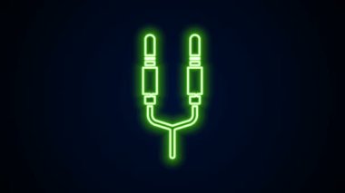 Parlayan neon hattı ses kriko simgesi siyah arkaplanda izole edildi. Bağlantı ses ekipmanları için ses kablosu. Fiş kablosu. Müzik aleti. 4K Video hareketli grafik canlandırması