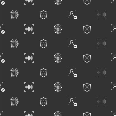 Yüz tanıma, ses, parmak izi ve kalkanların yüzlerini kusursuz bir şekilde ayarla. Vektör.