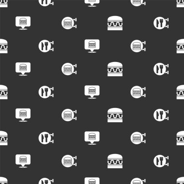 Set Burger, Cafe ve Lokanta, çevrimiçi hamburger siparişi ve kusursuz bir şablon. Vektör.