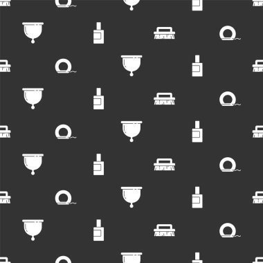 Temizlik için fırçayı, diş ipini, menstrüel bardağı ve şişe ajını kusursuz bir şekilde ayarla. Vektör.