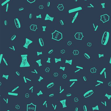 Kalkanı biyolojik sağlıklı yiyecekler için ayarla, Pipette, test tüpü, matara ve bakterili dikişsiz desenli Petri kabı. Vektör.