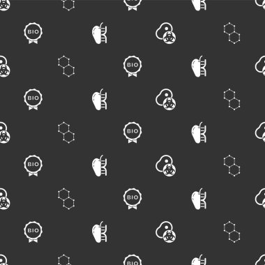 Genetik olarak modifiye edilmiş et, kimyasal formül, biyo-sağlıklı yiyecek ve elmayı kusursuz şekilde etiketle. Vektör.