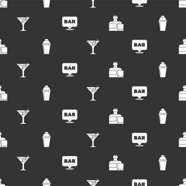 Viski şişesi ve bardağı, kokteyl karıştırıcısını, Martini 'yi ve alkol barını kusursuz bir şekilde yerleştir. Vektör.