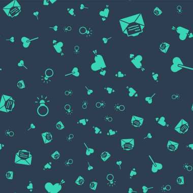 Amour 'u kalp ve okla, tebrik kartıyla, elmas nişan yüzüğüyle ve lolipopla kusursuz bir şekilde ayarla. Vektör.