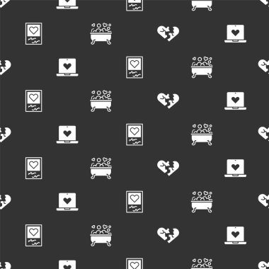 Kırık kalp ya da boşanma, internetteki flört uygulaması fotoğraf çerçeveleri, kalpler ve romantik banyoyu kusursuz bir düzene sokun. Vektör.