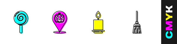 Set Lollipop Pumpkin Burning Candle Witches Broom Icon Vector — Stock Vector