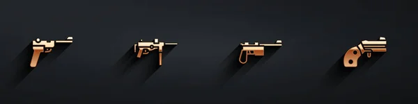 Conjunto Pistola Mauser Submachine Icono Del Revólver Pequeño Con Sombra — Vector de stock