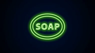 Parlayan neon hattı siyah arkaplanda izole edilmiş sabun simgesi. Köpüklü sabun çubuğu. 4K Video hareketli grafik canlandırması