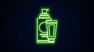 Parlayan neon çizgisi kremi ya da losyon kozmetik tüp ikonu siyah arkaplanda izole edilmiş. Erkekler için vücut bakım ürünleri. 4K Video hareketli grafik canlandırması