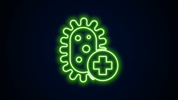 Línea de neón brillante Icono de virus positivo aislado sobre fondo negro. Virus Corona 2019-nCoV. Bacterias y gérmenes, cáncer de células, microbios, hongos. Animación gráfica de vídeo 4K — Vídeos de Stock