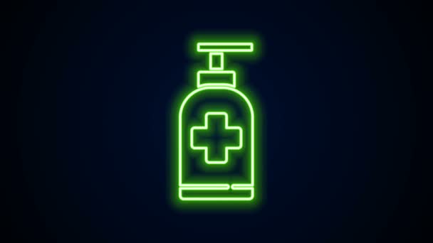 Glödande neon line Flaska med flytande antibakteriell tvål med dispenser ikon isolerad på svart bakgrund. Antiseptisk. Desinfektion, hygien, hudvård. 4K Video motion grafisk animation — Stockvideo