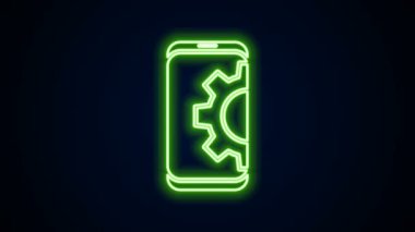 Akıllı telefon simgesinde parlayan neon hattı ayarları siyah arkaplanda izole edildi. Ayarlama, servis, ayar, bakım, onarım, onarım. 4K Video hareketli grafik canlandırması