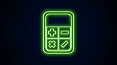 Parlayan neon hattı hesap makinesi simgesi siyah arkaplanda izole edildi. Muhasebe sembolü. İş hesaplamaları matematik eğitimi ve finans. 4K Video hareketli grafik canlandırması