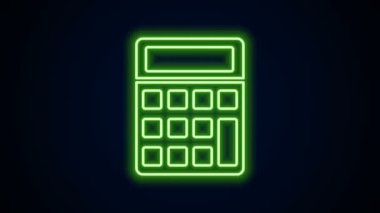 Parlayan neon hattı hesap makinesi simgesi siyah arkaplanda izole edildi. Muhasebe sembolü. İş hesaplamaları matematik eğitimi ve finans. 4K Video hareketli grafik canlandırması