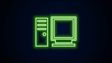 Parlayan neon hattı bilgisayar monitörü simgesi siyah arkaplanda izole edildi. Bilgisayar bileşeni işareti. 4K Video hareketli grafik canlandırması