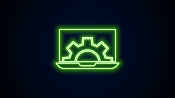 Glowing neon line Laptop and gear icon isolated on black background. Adjusting app, setting options, maintenance, repair, fixing. 4K Video motion graphic animation — Stock Video