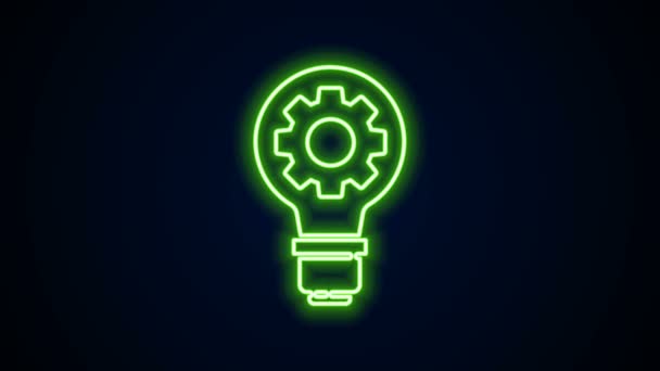 Zářící neonová čára Žárovka a ozubená ikona izolované na černém pozadí. Inovace. Obchodní nápad. Grafická animace pohybu videa 4K