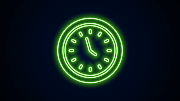 Parlayan neon çizgi saat simgesi siyah arkaplanda izole edildi. Zaman sembolü. 4K Video hareketli grafik canlandırması — Stok video
