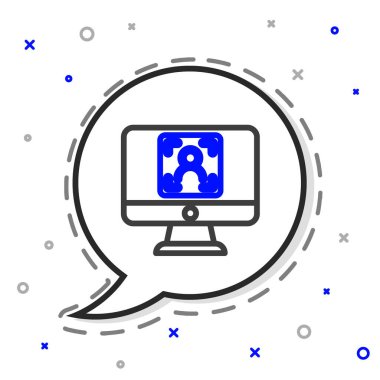 Beyaz arkaplanda yüz tanıma simgesine sahip çizgi monitörü izole edildi. Yüz tanımlama simgesi. Yüz tanıma. Siber güvenlik kavramı. Renkli taslak konsepti. Vektör.