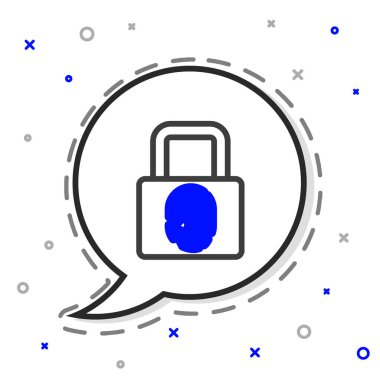 Beyaz arkaplanda kilit simgesi izole edilmiş çizgi parmak izi. Kimlik uygulaması simgesi. Kimlik işareti. Kimliğe dokun. Renkli taslak konsepti. Vektör.