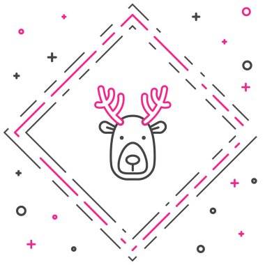 Beyaz arka planda geyik boynuzu simgesi olan çizgi geyiği başı. Renkli taslak konsepti. Vektör.