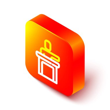 İzometrik çizgi sözcüsü simgesi beyaz arkaplanda izole edildi. Ben Tribün 'den hatip. Halka açık konuşma. Kürsüde biri var. Turuncu kare düğme. Vektör.