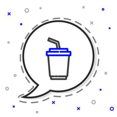 Beyaz zemin üzerinde saman ve su ikonu olan çizgi kağıt bardak. Soda bardağı. Taze soğuk içecek sembolü. Renkli taslak konsepti. Vektör.