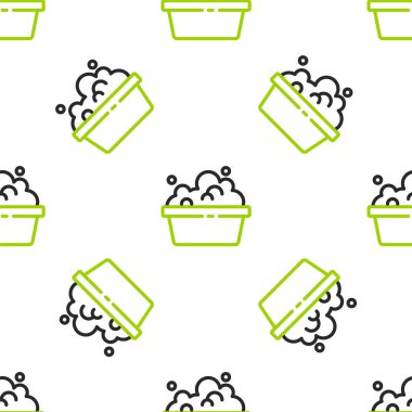 Sabun köpüğü ikonlu çizgi plastik leğen beyaz arka planda izole edilmiş pürüzsüz desen. Sulu kase. Çamaşır yıkama, temizlik malzemeleri. Vektör.