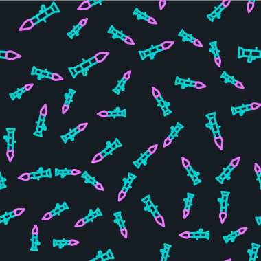 Roket fırlatıcısı ve füze ikonu siyah arka planda izole edilmiş. Vektör.