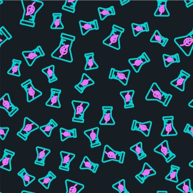 Çizgi Test tüpü ve matara kimyasal test ikonu siyah arkaplanda izole edilmiş kusursuz desen. Laboratuvar cam levhası. Vektör.