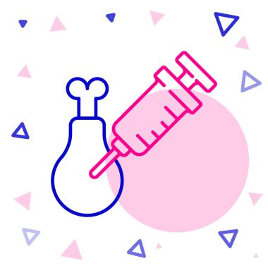 Line Gmo araştırma tavuk simgesi beyaz arka planda izole. Şırınga tavuğa enjekte ediliyor. Renkli taslak konsepti. Vektör.