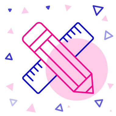 Çizgiyi aşan cetvel ve kalem simgesi beyaz arkaplanda izole edildi. Düz sembol. Çizim ve eğitim araçları. Renkli taslak konsepti. Vektör.