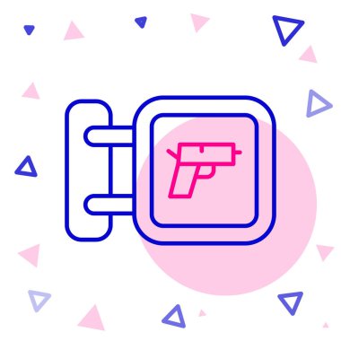 Beyaz arka planda tüfek ve silah ikonu olan bir hat avcılığı dükkanı. Silah teçhizatlı süpermarket ya da mağaza. Renkli taslak konsepti. Vektör.