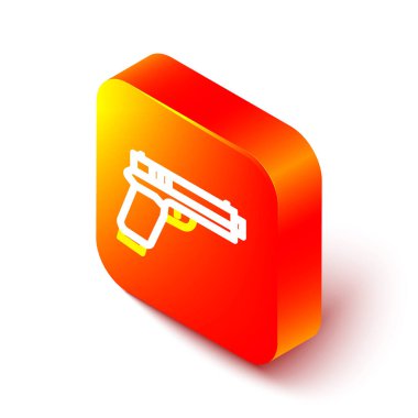 Beyaz arka planda Isometric Line Pistol veya silah ikonu izole edildi. Polis ya da askeri silah. Küçük ateşli silah. Turuncu kare düğme. Vektör.