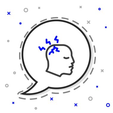 Çizgi Adam 'ın başı ağrıyor, beyaz arka planda migren ikonu var. Renkli taslak konsepti. Vektör.