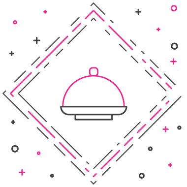 Beyaz arka planda izole edilmiş bir tepsi yemek ikonu ile kaplı. Tepsi ve kapak işareti. Kapaklı bir restoran saati. Renkli taslak konsepti. Vektör.