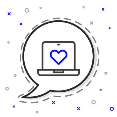 Satır Bulma uygulaması çevrimiçi dizüstü bilgisayar konsepti simgesi beyaz arkaplanda izole edildi. Kadın erkek profili düz tasarım. Çift ilişki için eşleşiyor. Renkli taslak konsepti. Vektör.