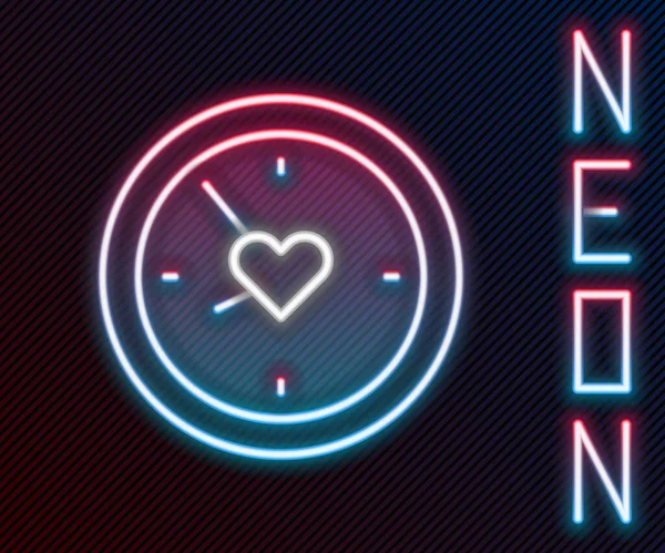 Zářící Neonová Čára Hodiny Ikonou Srdce Izolované Černém Pozadí Valentýn — Stockový vektor