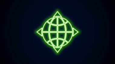 Siyah arkaplanda izole edilmiş pusula simgesiyle parlayan neon hattı Dünya küresi. 4K Video hareketli grafik canlandırması