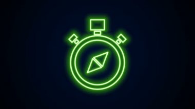 Parlayan neon hattı pusula simgesi siyah arkaplanda izole edildi. Rüzgâr yön bulma sembolü. Rüzgar gül işareti. 4K Video hareketli grafik canlandırması