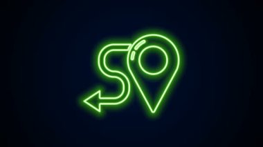 Parlayan neon hattı rota simgesi siyah arkaplanda izole edildi. Harita işaretçisi işareti. Yol ya da yol kavramı. GPS navigatörü. 4K Video hareketli grafik canlandırması