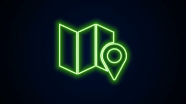 Parlayan neon çizgisi Katlanmış harita konum simgesi simgesi siyah arkaplanda izole edildi. 4K Video hareketli grafik canlandırması
